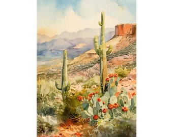 Arizona Desert Watercolor Print: Sonora Cactus Landscape Poster