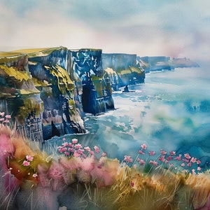 Falaises de Moher, impression d'art O'Brien's Tower, paysage irlandais, coussin fleurs de la femme, art mural, Irlande, affiche aquarelle côtière