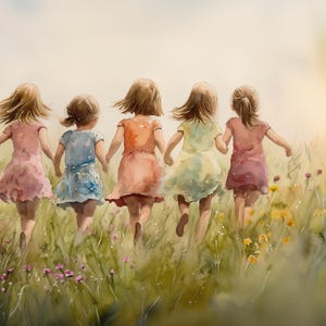May include: Watercolour painting depicting five children running through a field of long grass and wildflowers. They are holding hands and wearing dresses in pink, blue, orange, yellow, and red. The artwork has a soft, dreamlike quality.