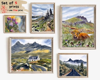 Scotland Painting Isle of Skye Art PRINT Scottish Highland Landscape Watercolor Set of 5 Prints Scotland Fine Art