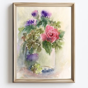 Thistle Shamrock Red Rose Painting Scotland Ireland England Art PRINT St. Patrick&#39;s Day Artwork Four Leaf Irish Clover Warecolor Painting