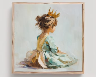 Brunette Girl Princess Art Print: Golden Crown Impasto Oil Painting