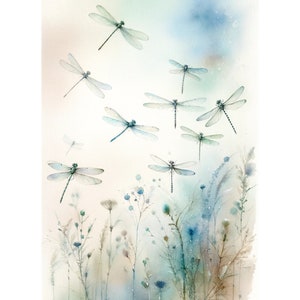 Dragonfly Meadow Art Dragonfly Print Neutral Wildflowers Watercolor Painting Print