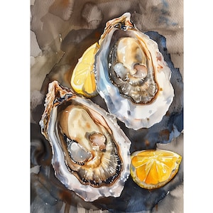 May include: Watercolor painting of two open oysters with a lemon wedge. The oysters have a pearlescent interior and are set against a dark, textured background. The lemon is bright yellow.