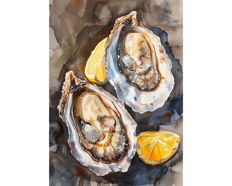 May include: Watercolor painting of two open oysters with a lemon wedge. The oysters have a pearlescent interior and are set against a dark, textured background. The lemon is bright yellow.
