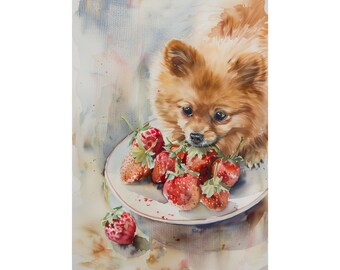 Pomeranian Art Dog and Strawberry Poster Red Pomeranian Painting Print Watercolor