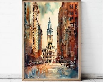 May include: Watercolor painting of a city street scene, framed in a light wood. The artwork depicts a grand building with a tall spire, flanked by tall buildings in shades of brown and orange. Cars are visible on the wet street, reflecting the sky.