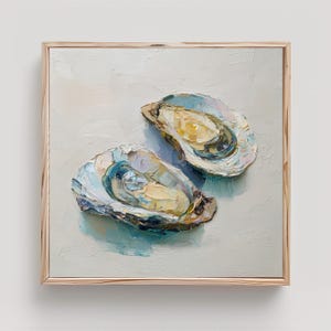 May include: Oil painting of two open oysters with textured brushstrokes. The shells are painted in shades of blue, white, and yellow, with a light background. The artwork is framed in a natural wood frame.