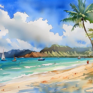 Art hawaïen, peinture de plage de Kailua, impression d'art de bateau de plage hawaïenne, palmiers, peinture impression aquarelle