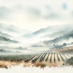 Napa Valley Landscape Vineyard Art Print Foggy Morning Landscape California Painting Print America Travel Watercolor Poster
