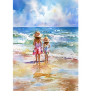 Two Sisters On Beach Art Beach Girls Painting Print Coast Ocean Watercolor Poster
