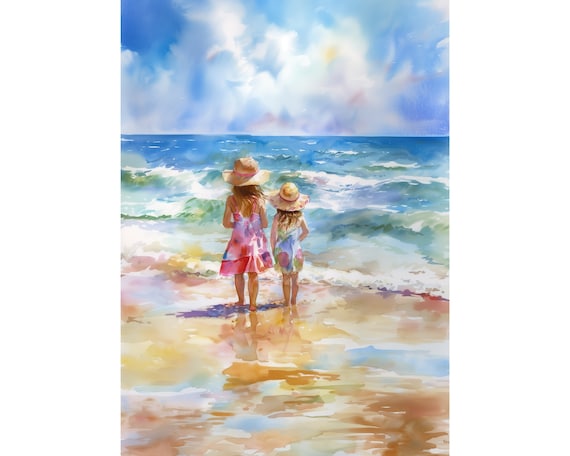 Two Sisters on Beach Art Beach Girls Painting Print Coast Ocean