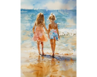 Two Sisters Beach Print: Ocean Coast Watercolor Art
