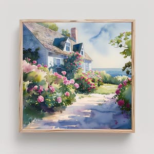 Rose Covered Cottage Art Cape Cod Painting Beach House Painting Print Watercolor