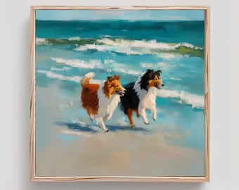 Collie Art Two Dogs on Beach Print From an Original Impasto Oil Painting