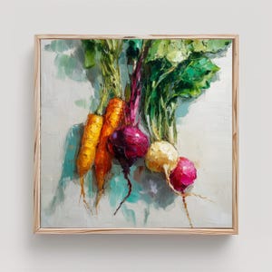 May include: An oil painting depicting a selection of fresh vegetables. The image features orange carrots, deep red and purple beetroot, and white and pink radishes. The vegetables are shown with their green leafy tops against a white backdrop.