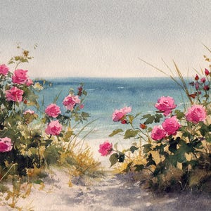 Cape Cod Art Path Beach Rose Painting Print Watercolor