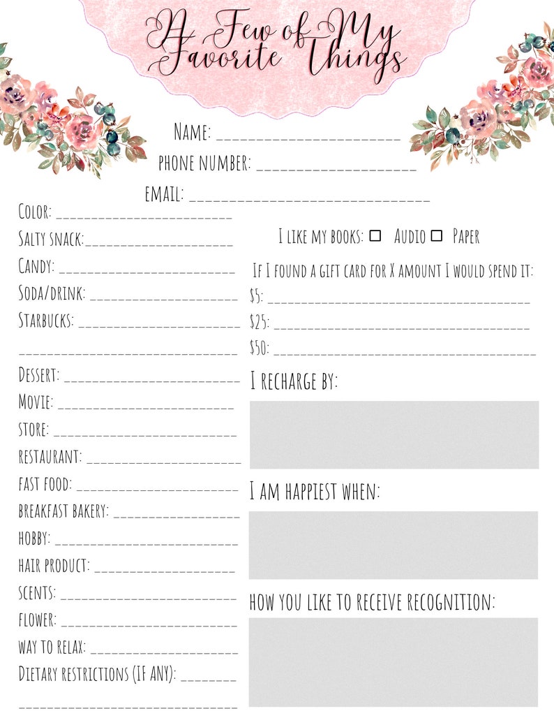 Employee Fillable Few Favorite Things List - Etsy