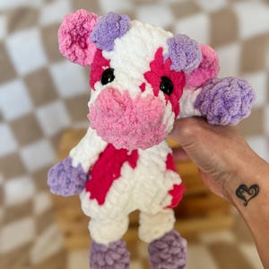 Crochet Cow Snuggler: Handmade Plush Toy, Pink & Purple