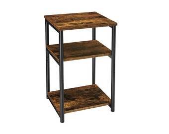 3-Tier Slim Tall Side Table with Storage Shelves, Steel Frame, for Living Room, Study, Bedroom, Industrial, Rustic Brown