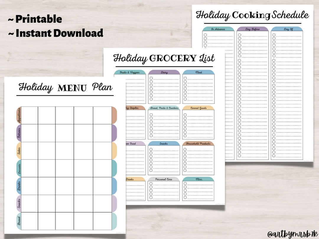 Holiday Menu Planner and Grocery List, Printable Holiday Menu Template ...