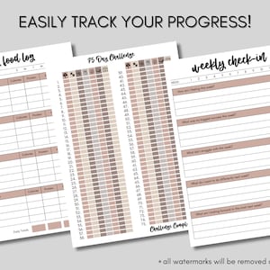 May include: Three printable pages for tracking progress on a 75-day challenge. The first page is a daily food log with columns for date, meal, calories, and protein. The second page is a 75-day challenge tracker with a grid of squares for each day. The third page is a weekly check-in with sections for how you are feeling, biggest successes, struggles, and what you want to do differently next week.