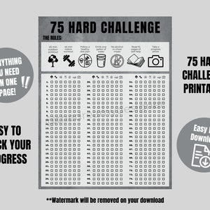 75 Hard Challenge Printable PDF, 75 Hard Tracker, 75 Hard Checklist, 75