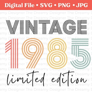 May include: Vintage 1985 limited edition graphic design with a retro rainbow color scheme. The text is in black and the numbers are in a striped pattern.