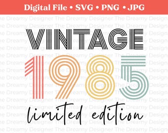 SVG de edición limitada vintage de 1985, PNG retro del 40.° cumpleaños, SVG de cumpleaños de 1985, cumpleaños angustiado, fuente retro arcoíris, Cricut