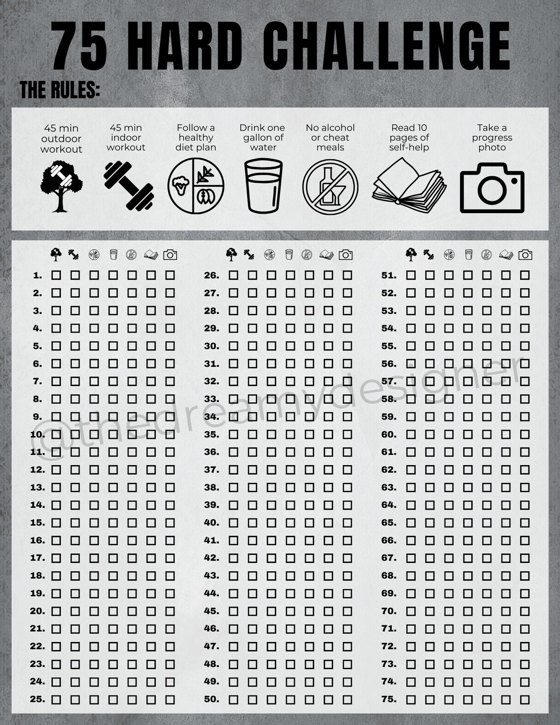 75 Hard Challenge Printable PDF 75 Hard Tracker 75 Hard Checklist 75