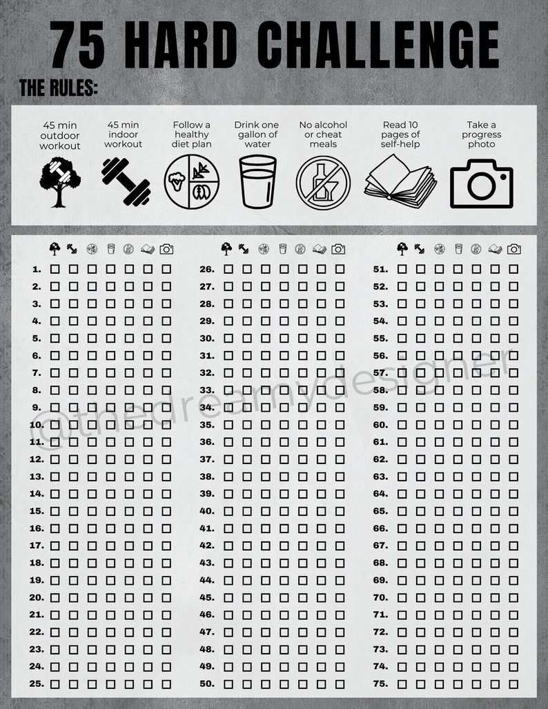 75 Hard Challenge Printable PDF 75 Hard Tracker 75 Hard Checklist 75