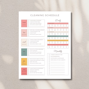 Printable Cleaning Schedule, PDF and Canva Template, Daily Weekly Monthly Tasks, Simple Minimalist Design