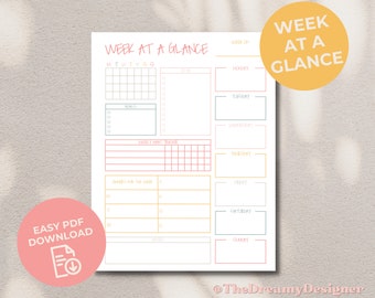 Week at a Glance, Printable PDF Planner, Weekly Planner, Weekly Schedule, Bullet Journal, Bullet Planner, Weekly Goal Tracker
