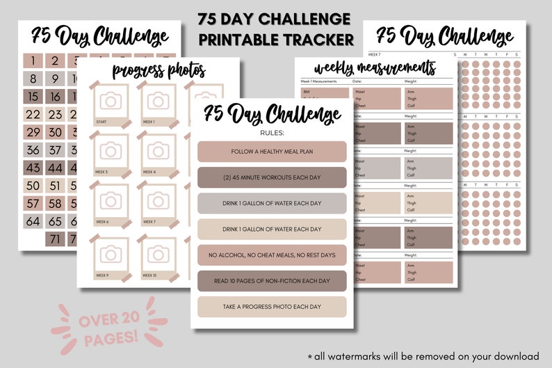 May include: Printable 75-day challenge tracker with sections for progress photos, weekly measurements, and daily check-ins. The tracker includes rules for the challenge, such as following a healthy meal plan, working out twice a day, drinking a gallon of water daily, and taking a progress photo each day.