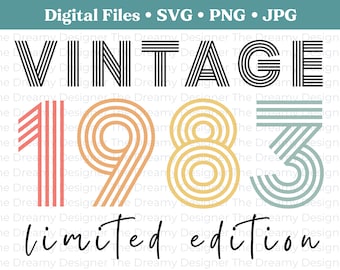 Vintage 1983 Limited Edition PNG, Retro 40th Birthday PNG, Print on Demand PNG, Sublimination, Vintage Birthday, Rainbow Retro Font, Cricut