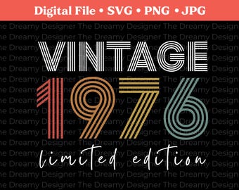 Vintage 1976 Limited Edition SVG, Retro 50th Birthday PNG, 1976 Birthday SVG, Distressed Birthday Png, Rainbow Retro Font, Cricut