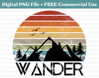 Wander Retro Sunset PNG, Vintage Distressed Sunset PNG, Adventure Hiking Camping PNG, Bergsilhouet