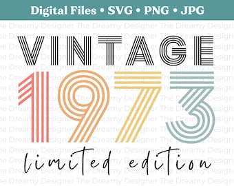 Vintage 1973 Limited Edition PNG, Retro 50th Birthday PNG, Print on Demand PNG, Sublimination, Vintage Birthday, Rainbow Retro Font, Cricut