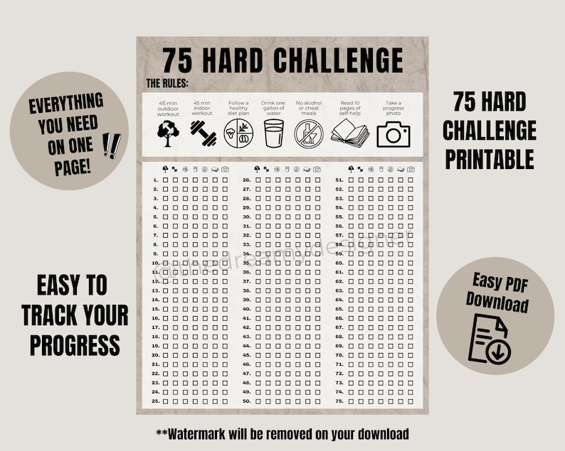 75 Hard Challenge Printable PDF, 75 Hard Tracker, 75 Hard Checklist, 75