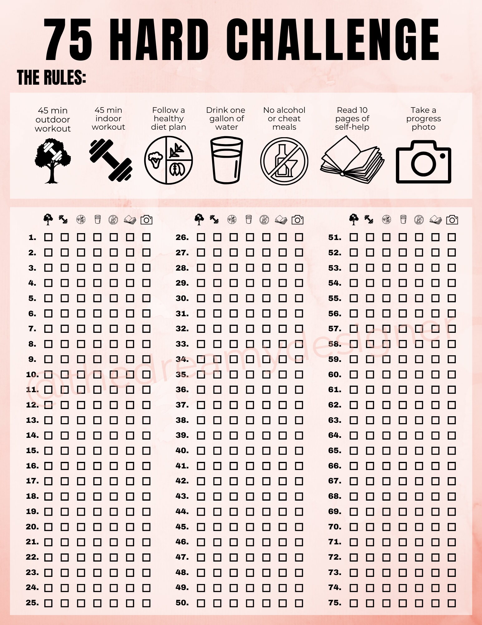 75 Hard Challenge Printable PDF 75 Hard Tracker 75 Hard Checklist 75