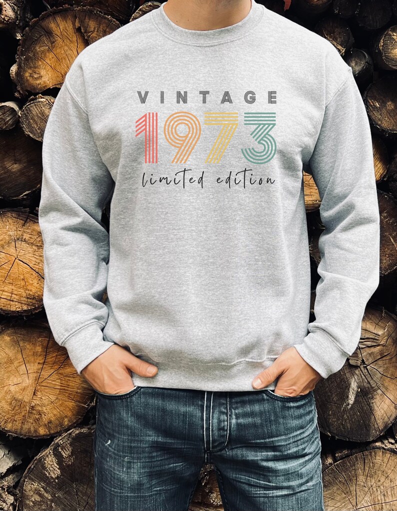 Puede incluir: Una sudadera gris con el texto "Vintage 1973 edici&oacute;n limitada" en colores arco&iacute;ris. Los n&uacute;meros est&aacute;n estilizados con rayas.