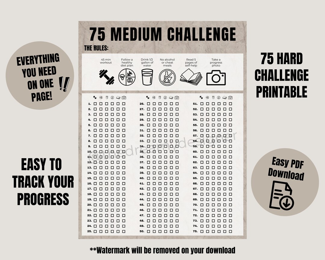 75 Medium Challenge Printable PDF 75 Medium Tracker 75 Medium