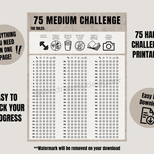 75 Medium Challenge Printable PDF, 75 Medium Tracker, 75 Medium Checklist, 75 Medium Printable, Habit Checklist, Printable Tracker