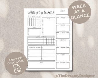 Week at a Glance, Printable PDF Planner, Weekly Planner, Weekly Schedule, Bullet Journal, Bullet Planner, Weekly Goal Tracker
