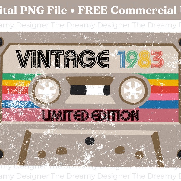 Vintage 1983 Birthday PNG, Vintage Cassette Tape, Limited Edition 40th Birthday PNG, Print on Demand Art Files, Retro 40th Birthday