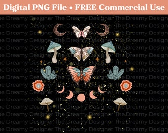 Mystieke Paddestoel PNG, Hemelse PNG, Halve Maan PNG, Boho Png, Hippie Png, Cottagecore Png, Paddestoel Png