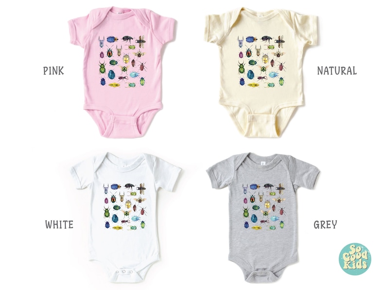 May include: Four baby onesies in different colours: pink, white, natural, and grey. Each onesie features a colourful graphic print of various insects, including beetles, butterflies, and ladybugs. The text "So Good Kids" is printed on a small circle in the bottom right corner of the image.