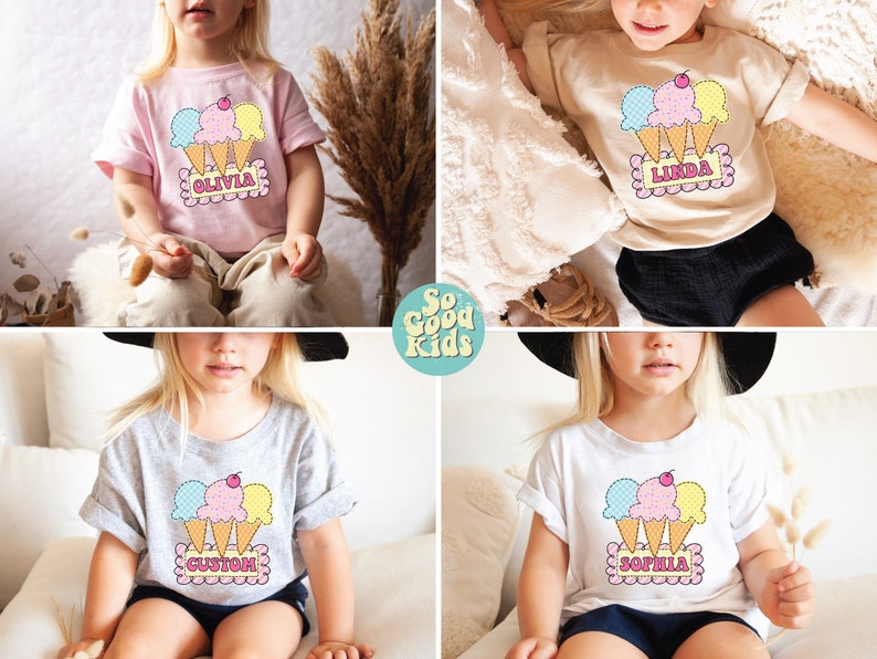 May include: Four children's t-shirts with a colorful ice cream cone graphic and a personalized name. The shirts are in pink, beige, grey, and white.