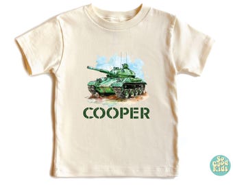 Custom Kids Name Military Vehicles Outfit - Boho Natural Toddler & Youth Tee - Desert Tan Military Tank Toddler Shirt -