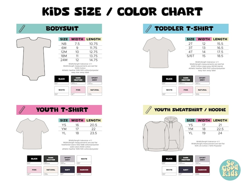 May include: Kids size and color chart for bodysuits, toddler t-shirts, youth t-shirts, and youth sweatshirts/hoodies. The chart includes size, width, and length measurements in inches. Color options include black, white, dark heather, sport grey, pink, natural, navy, and maroon.